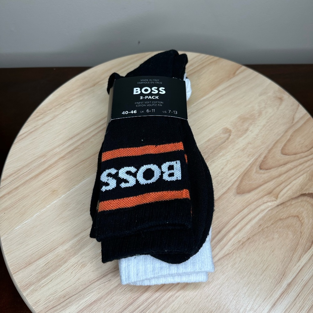 Hugo Boss Men's 3-pack Cotton Crew Socks Made in Italy Black White Size US 7-13
